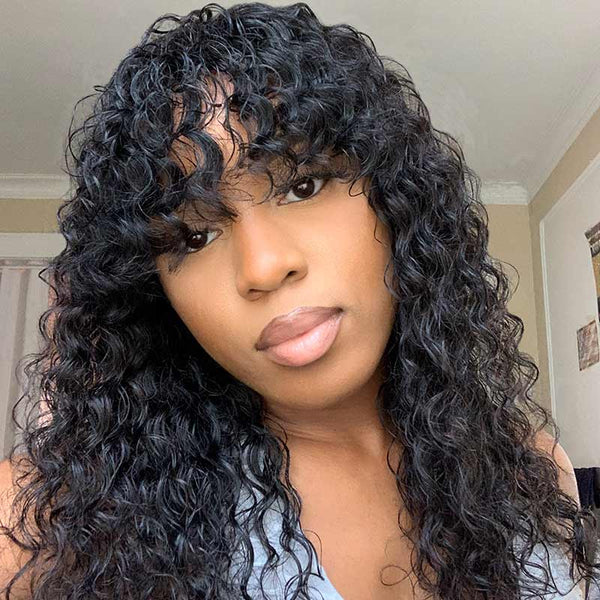 Wig With Bangs Wet and Wavy Human Hair Glueless Wigs Bouncy Curls Blac www.papayahair